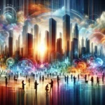 An abstract portrayal of a futuristic city skyline with people collaborating, infused with vibrant colors and artistic typography elements.