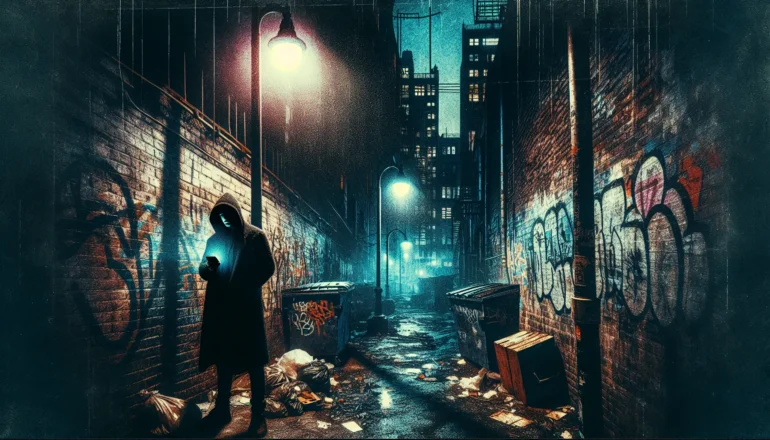 A hooded figure in a dark alley, looking at a glowing smartphone, surrounded by a grunge cityscape at night.