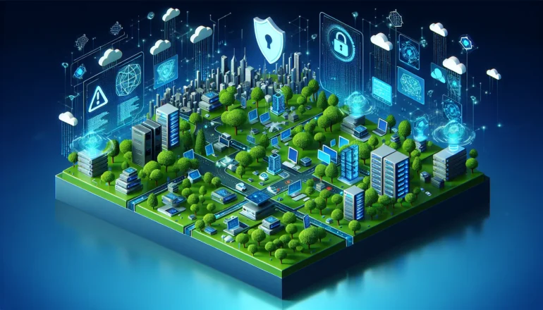 Isometric illustration of a digital landscape with interconnected devices, holographic screens, and a protective shield symbolizing cybersecurity.